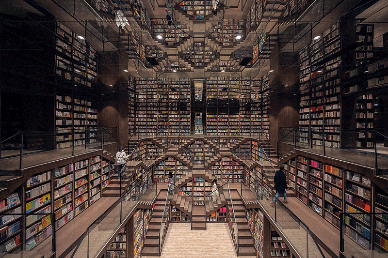 vista general de las escaleras entrecruzadas de la librería diseñada por el estudio X LIVING